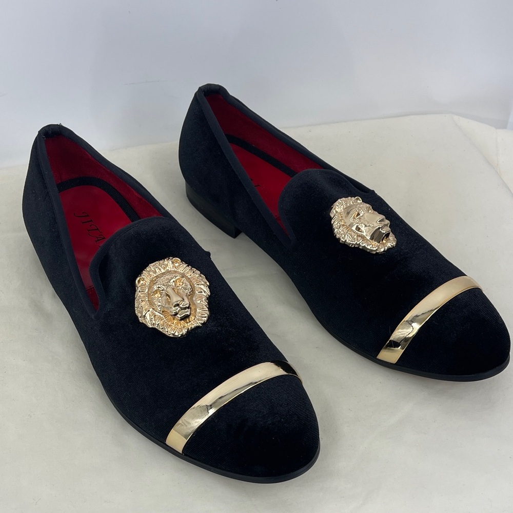 JITAI Black Velvet Loafers with Gold Lion Emblem AND TRIM MENS SIZE 10.5